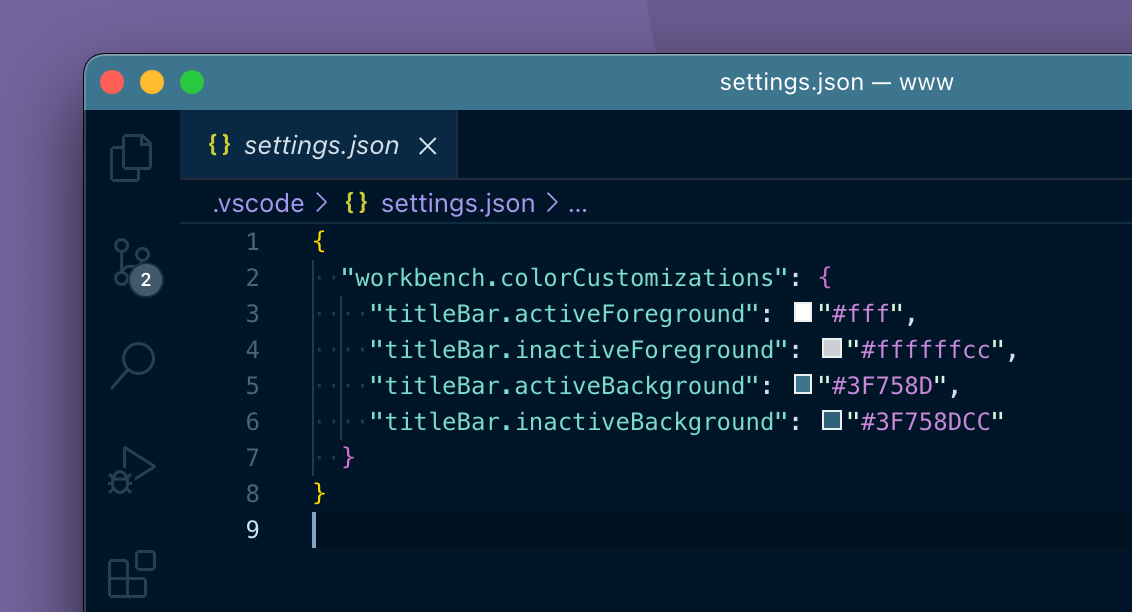 How to set title bar color in VS Code per project